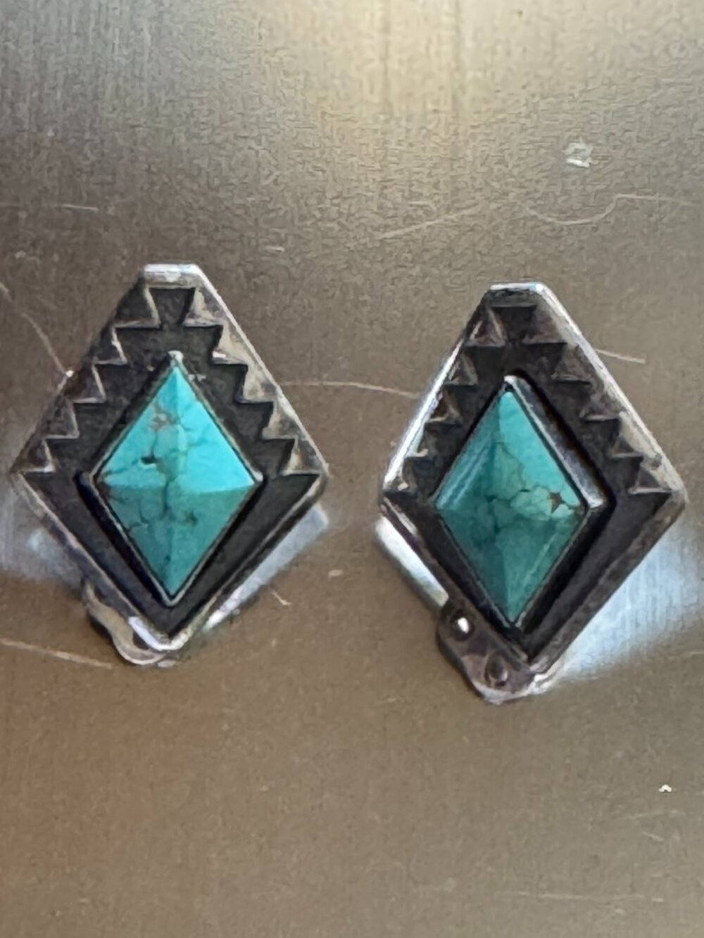 Vintage Sterling and Turquoise Clip-on Earrings Southwest Style - Picture 2 of 8